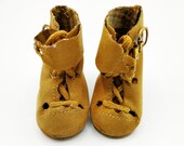 Suede Leather Lace Up Buckle Doll Boots Shoes - Medium Light Brown - 2 1/8" L x 1" W - Vintage Accessories for Medium Dolls 15" 16" 17"