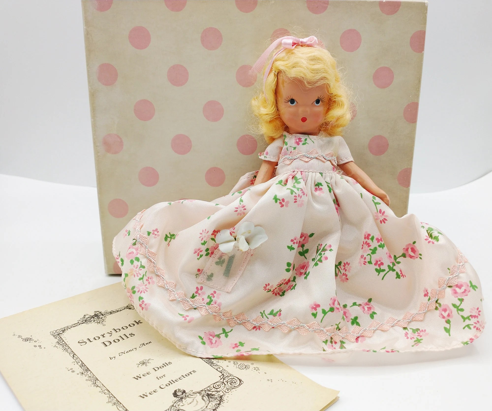 Nancy Ann Storybook Ring Around the Rosie #159 Girl Doll - Storybook Series - Vintage 5.5” Bisque, Original Box, Brace, Booklet 1936-1948