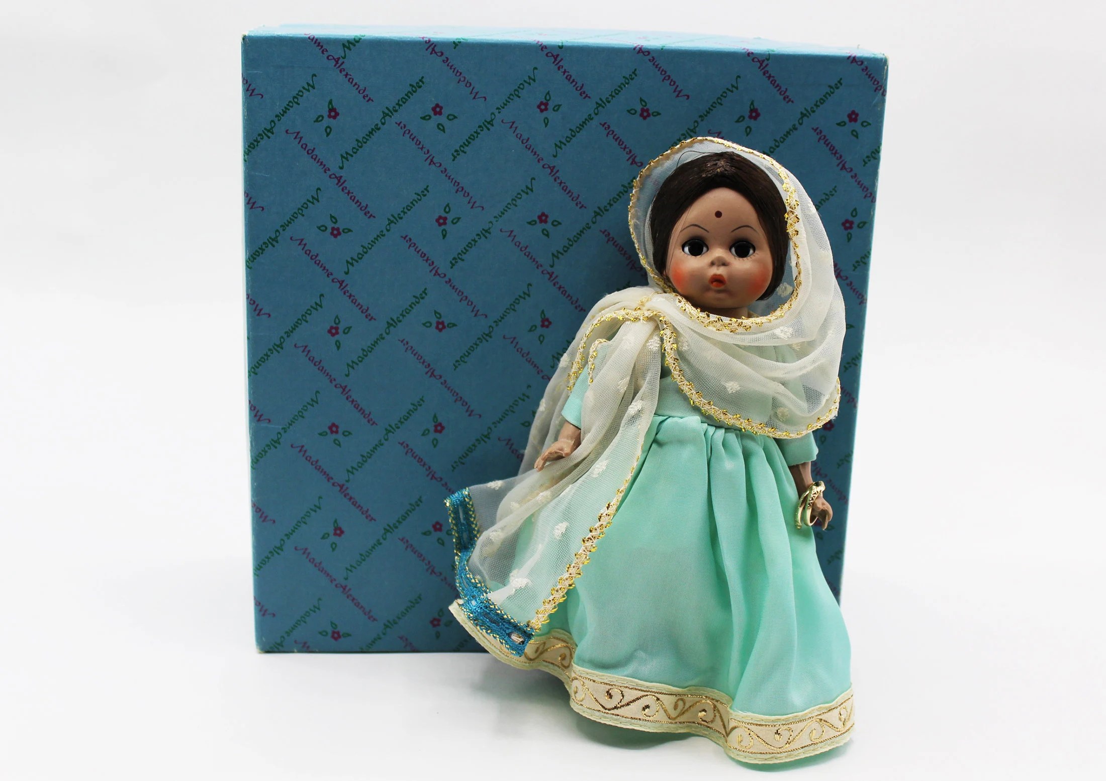 Madame Alexander – India #575 – International Series – Restrung - Vintage Doll w/ Box & Stand at A Dolly Hobby