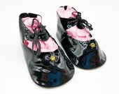 Shiny Patent Leather Lace Up Front Doll Shoes with Bows - Black - 3.75" L x 2" W - Vintage Accessories for Large Antique French/German Dolls